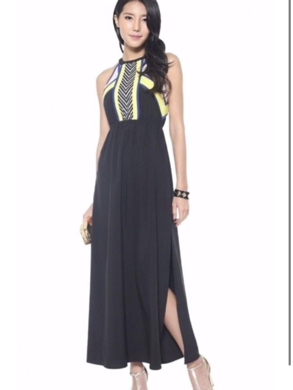 Studio Y Black Maxi Dress with Yellow & Navy Geometric Bodice